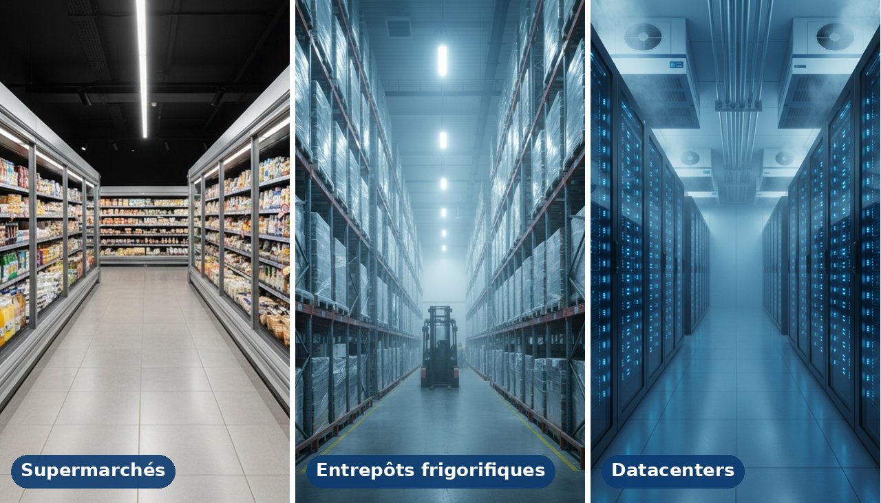Supermarché, entrepôt frigorifique et datacenter équipés de groupes froids